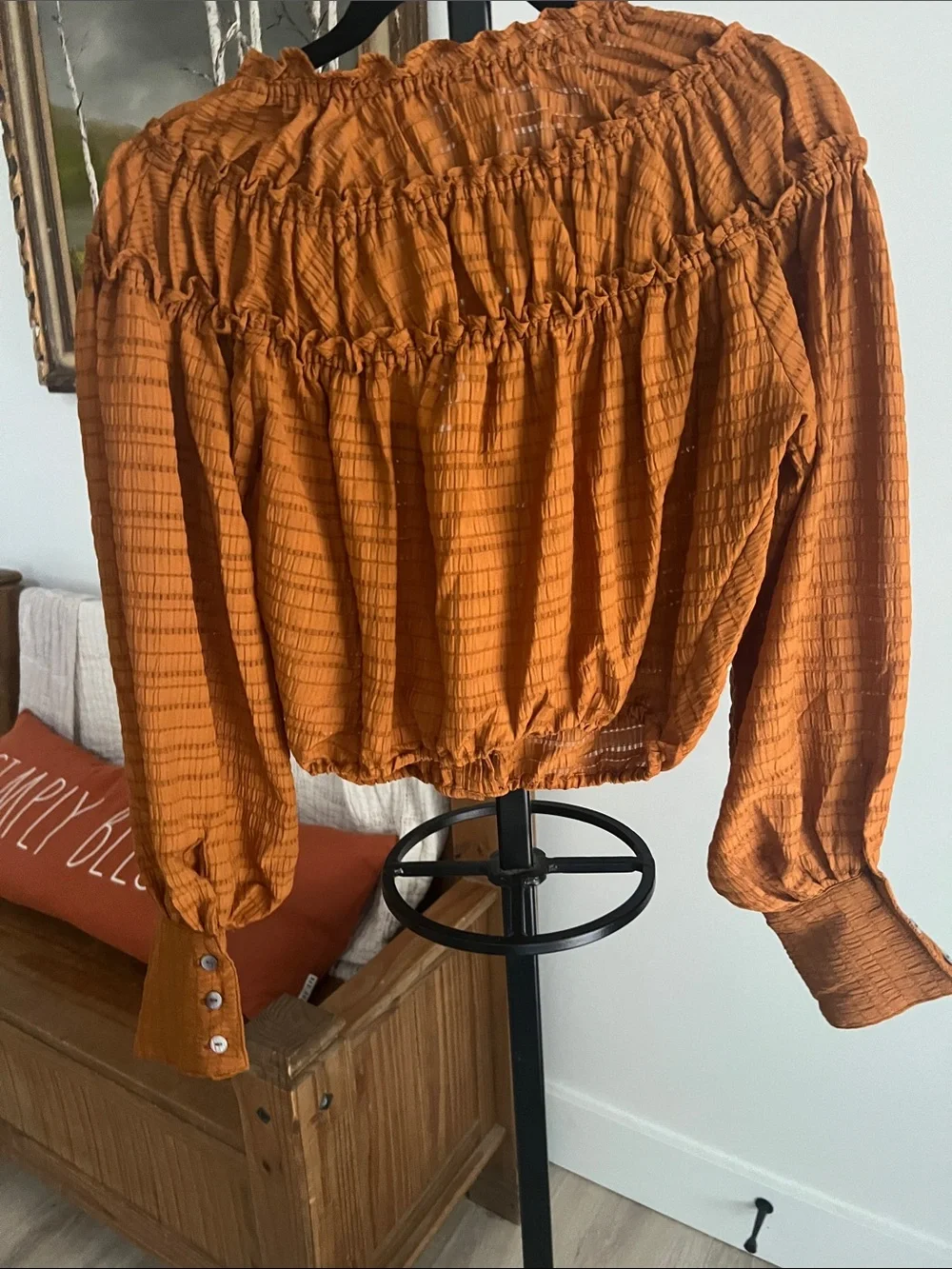 Free People Mustard Rust Smocked peasant blouse